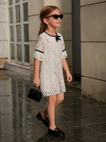Young Girls' Summer Peter Pan Collar Color-Block Lace Dress With Bow-Knot Decorated Bell Sleeves