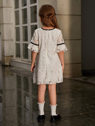 Young Girls' Summer Peter Pan Collar Color-Block Lace Dress With Bow-Knot Decorated Bell Sleeves