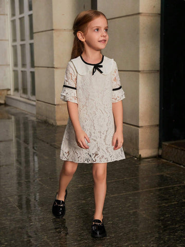 Young Girls' Summer Peter Pan Collar Color-Block Lace Dress With Bow-Knot Decorated Bell Sleeves