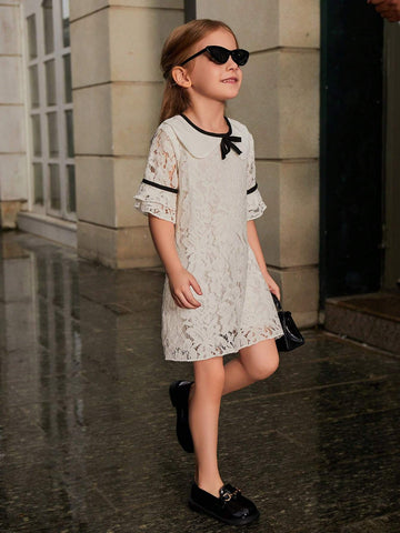 Young Girls' Summer Peter Pan Collar Color-Block Lace Dress With Bow-Knot Decorated Bell Sleeves