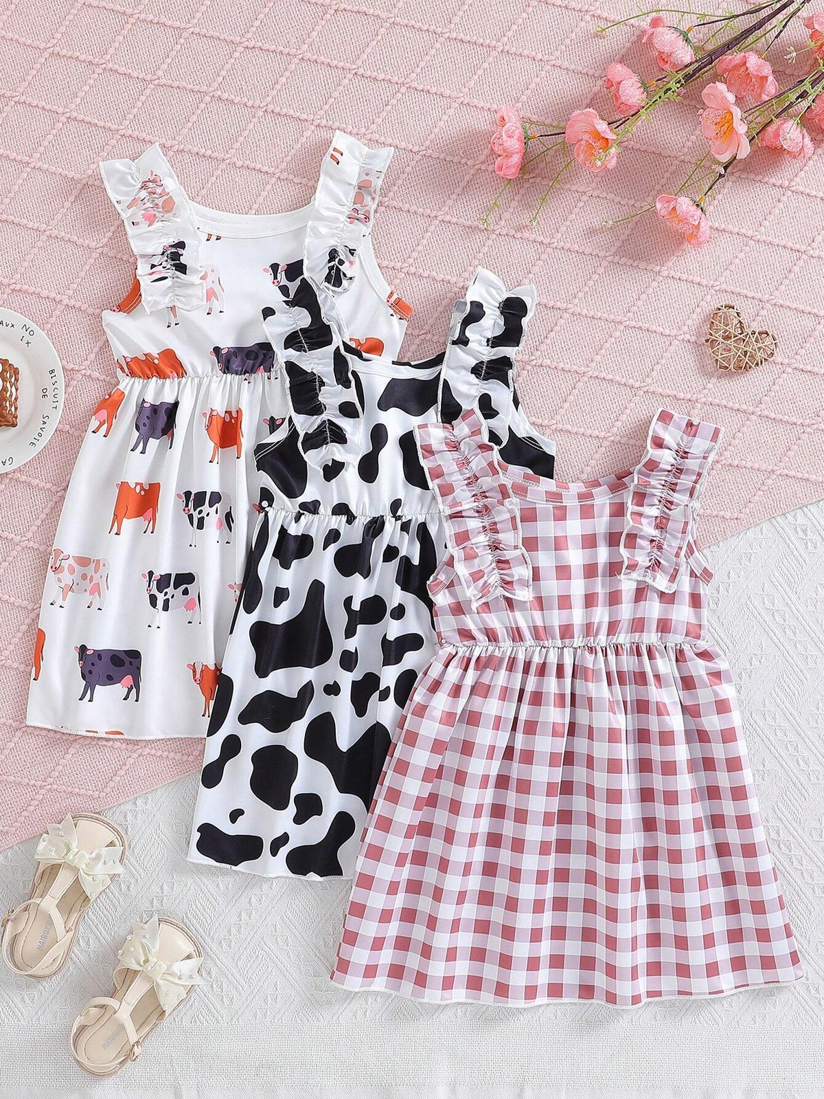 Young Girls' Summer Plaid & Cow Print Splice Sleeveless Dress With Ruffle Trim, 3pcs/Set
