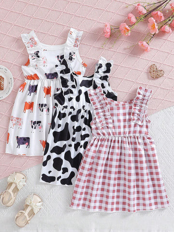 Young Girls' Summer Plaid & Cow Print Splice Sleeveless Dress With Ruffle Trim, 3pcs/Set