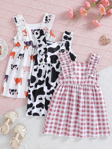 Young Girls' Summer Plaid & Cow Print Splice Sleeveless Dress With Ruffle Trim, 3pcs/Set
