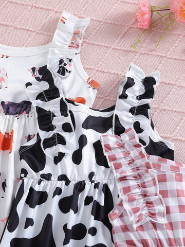 Young Girls' Summer Plaid & Cow Print Splice Sleeveless Dress With Ruffle Trim, 3pcs/Set