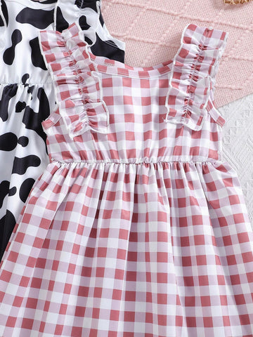 Young Girls' Summer Plaid & Cow Print Splice Sleeveless Dress With Ruffle Trim, 3pcs/Set