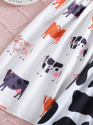 Young Girls' Summer Plaid & Cow Print Splice Sleeveless Dress With Ruffle Trim, 3pcs/Set