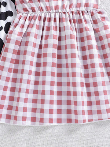 Young Girls' Summer Plaid & Cow Print Splice Sleeveless Dress With Ruffle Trim, 3pcs/Set