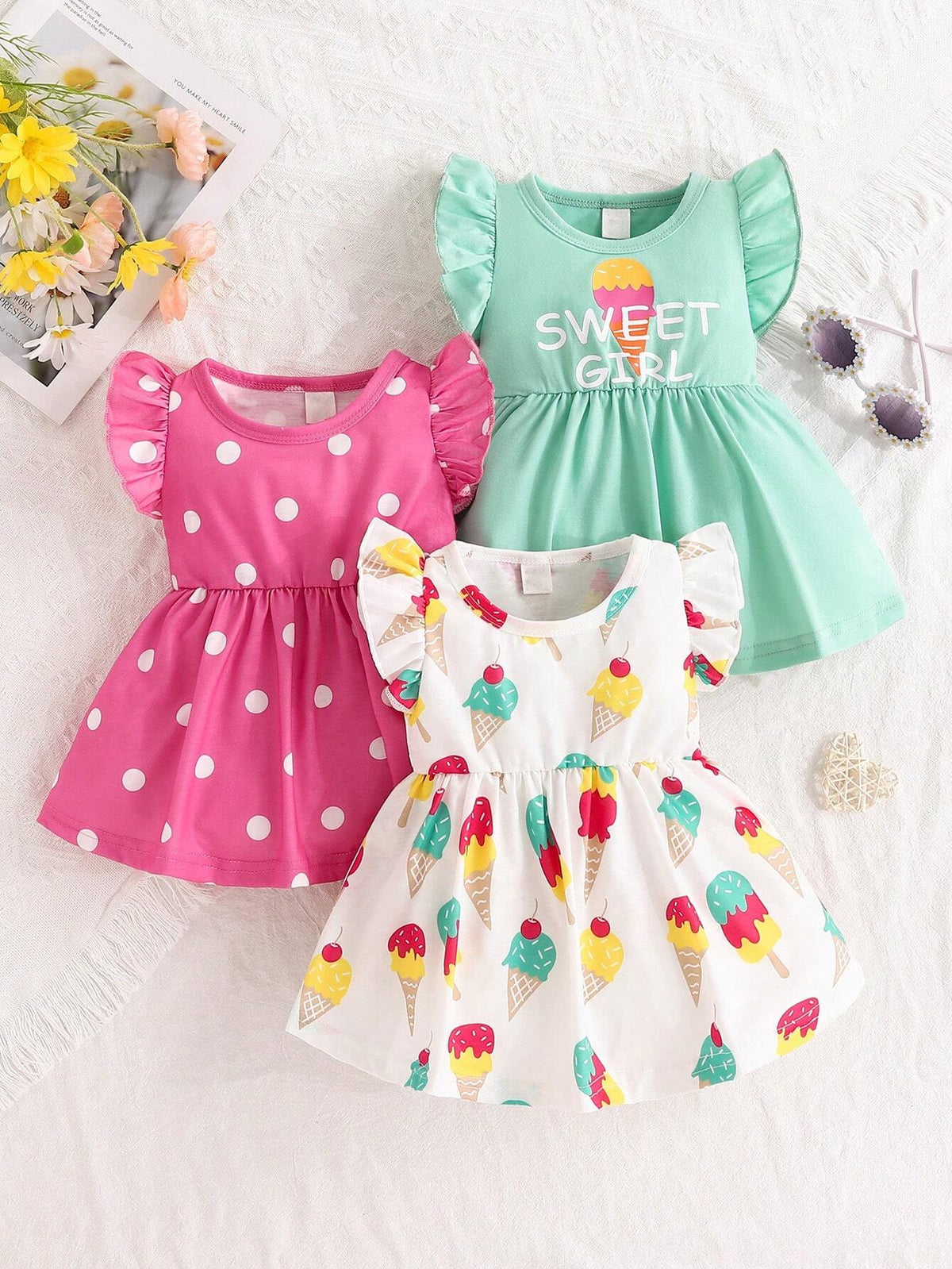 Young Girls' Summer Polka Dot Ice Cream Pattern Flared Sleeve Dress Set For Casual, School, And Party