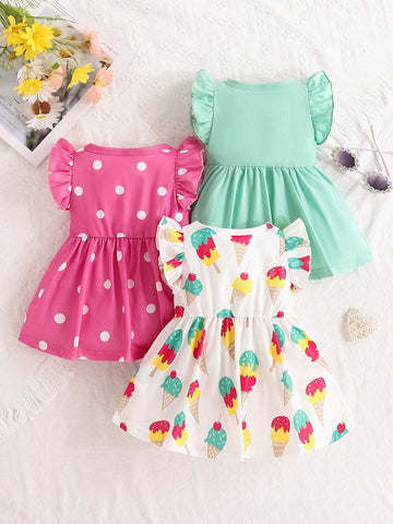 Young Girls' Summer Polka Dot Ice Cream Pattern Flared Sleeve Dress Set For Casual, School, And Party