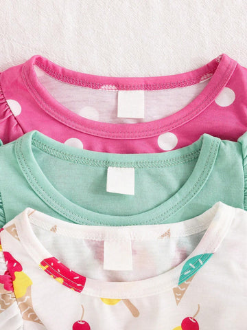 Young Girls' Summer Polka Dot Ice Cream Pattern Flared Sleeve Dress Set For Casual, School, And Party