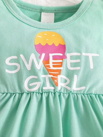 Young Girls' Summer Polka Dot Ice Cream Pattern Flared Sleeve Dress Set For Casual, School, And Party
