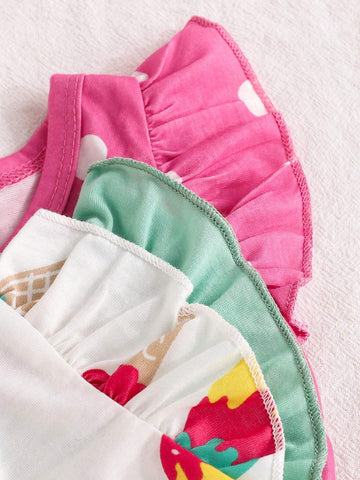 Young Girls' Summer Polka Dot Ice Cream Pattern Flared Sleeve Dress Set For Casual, School, And Party