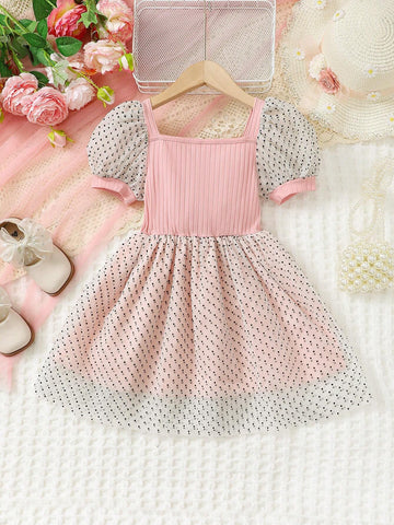 Young Girls Summer Polka Dot Mesh Patchwork Square Neck Short Puff Sleeve Dress With Bow Decoration For Casual Wear