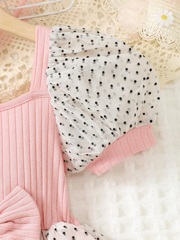 Young Girls Summer Polka Dot Mesh Patchwork Square Neck Short Puff Sleeve Dress With Bow Decoration For Casual Wear