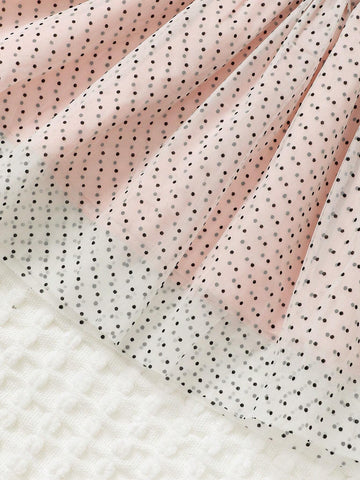 Young Girls Summer Polka Dot Mesh Patchwork Square Neck Short Puff Sleeve Dress With Bow Decoration For Casual Wear