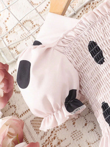 Young Girls" Summer Polka Dot Print Bubble Sleeve Dress With Ruffle Hem