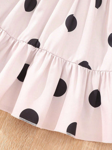 Young Girls" Summer Polka Dot Print Bubble Sleeve Dress With Ruffle Hem