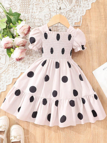 Young Girls" Summer Polka Dot Print Bubble Sleeve Dress With Ruffle Hem