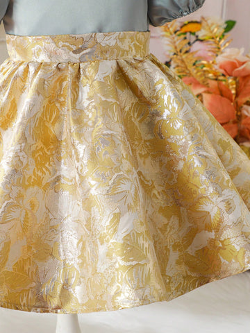 Young Girls Summer Princess Dress, Fashion Elegant Party Princess Dress, Splice Style Round Neck Open Shoulder Puff Sleeve Short Sleeve