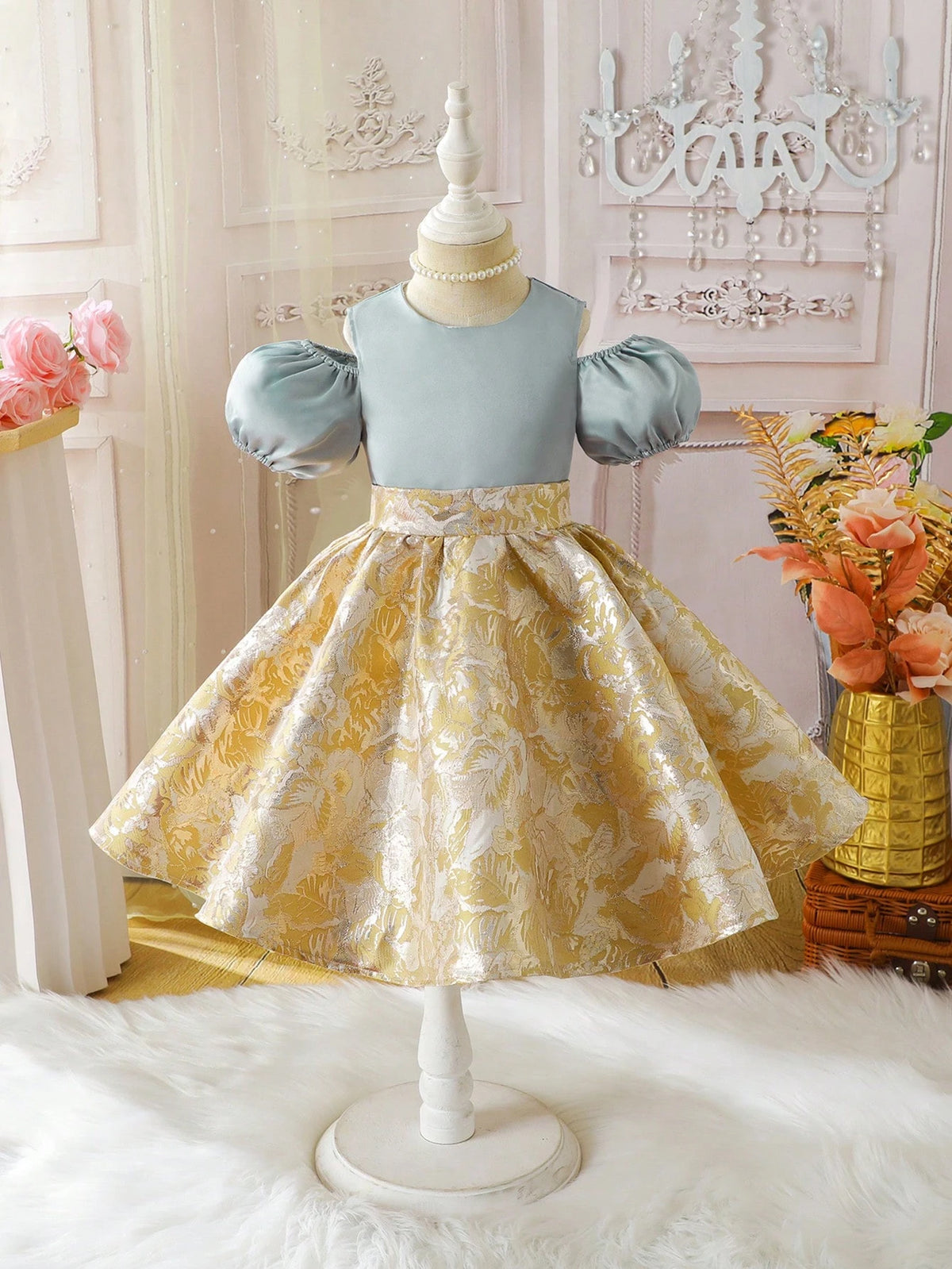 Young Girls Summer Princess Dress, Fashion Elegant Party Princess Dress, Splice Style Round Neck Open Shoulder Puff Sleeve Short Sleeve
