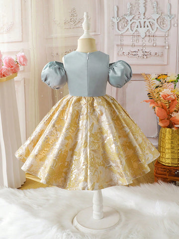 Young Girls Summer Princess Dress, Fashion Elegant Party Princess Dress, Splice Style Round Neck Open Shoulder Puff Sleeve Short Sleeve