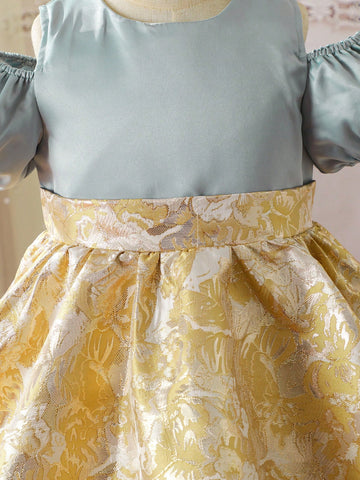 Young Girls Summer Princess Dress, Fashion Elegant Party Princess Dress, Splice Style Round Neck Open Shoulder Puff Sleeve Short Sleeve