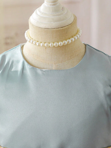 Young Girls Summer Princess Dress, Fashion Elegant Party Princess Dress, Splice Style Round Neck Open Shoulder Puff Sleeve Short Sleeve