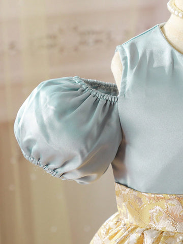 Young Girls Summer Princess Dress, Fashion Elegant Party Princess Dress, Splice Style Round Neck Open Shoulder Puff Sleeve Short Sleeve