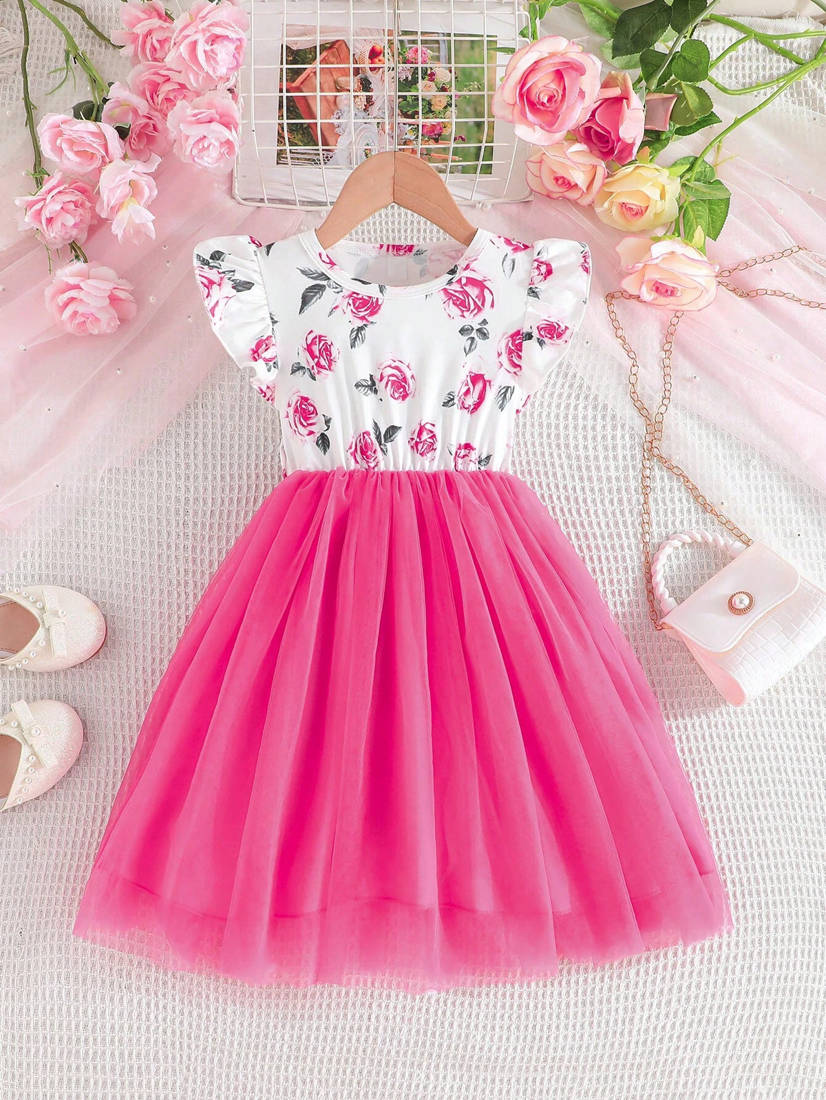 Young Girl's Summer Printed Dress With Double Layer Mesh And Rose Prints