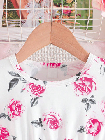 Young Girl's Summer Printed Dress With Double Layer Mesh And Rose Prints