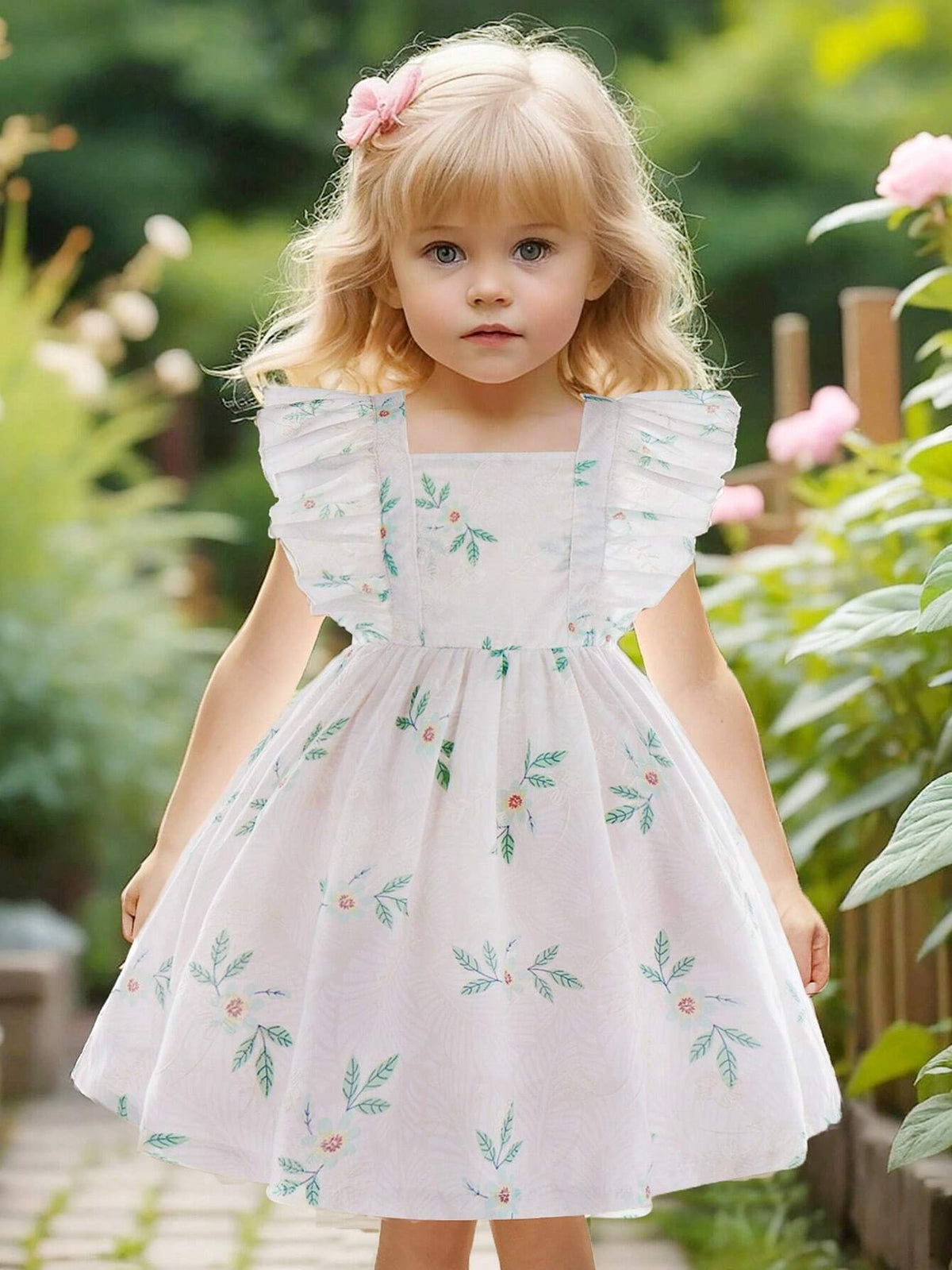 Young Girls' Summer Romantic Floral Embroidery & Plant Printed Dress With Ruffle Hem