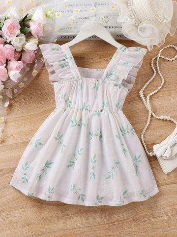 Young Girls' Summer Romantic Floral Embroidery & Plant Printed Dress With Ruffle Hem
