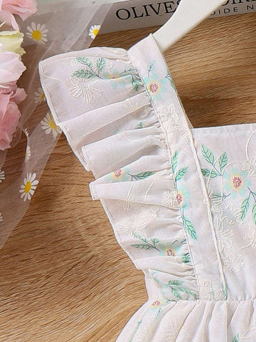 Young Girls' Summer Romantic Floral Embroidery & Plant Printed Dress With Ruffle Hem