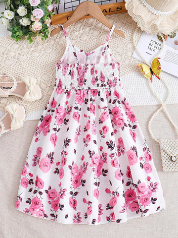 Young Girl's Summer Romantic Floral Print Spaghetti Strap Dress