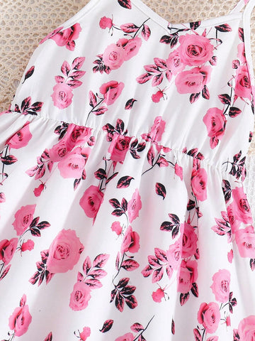Young Girl's Summer Romantic Floral Print Spaghetti Strap Dress