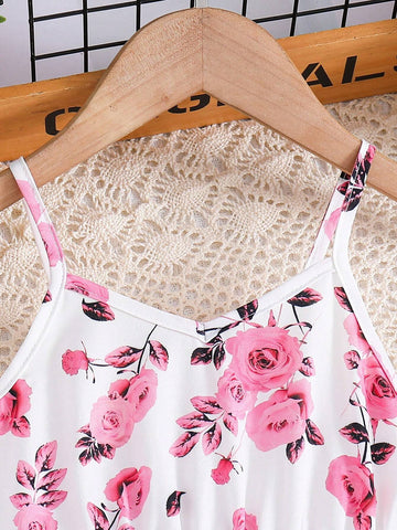 Young Girl's Summer Romantic Floral Print Spaghetti Strap Dress