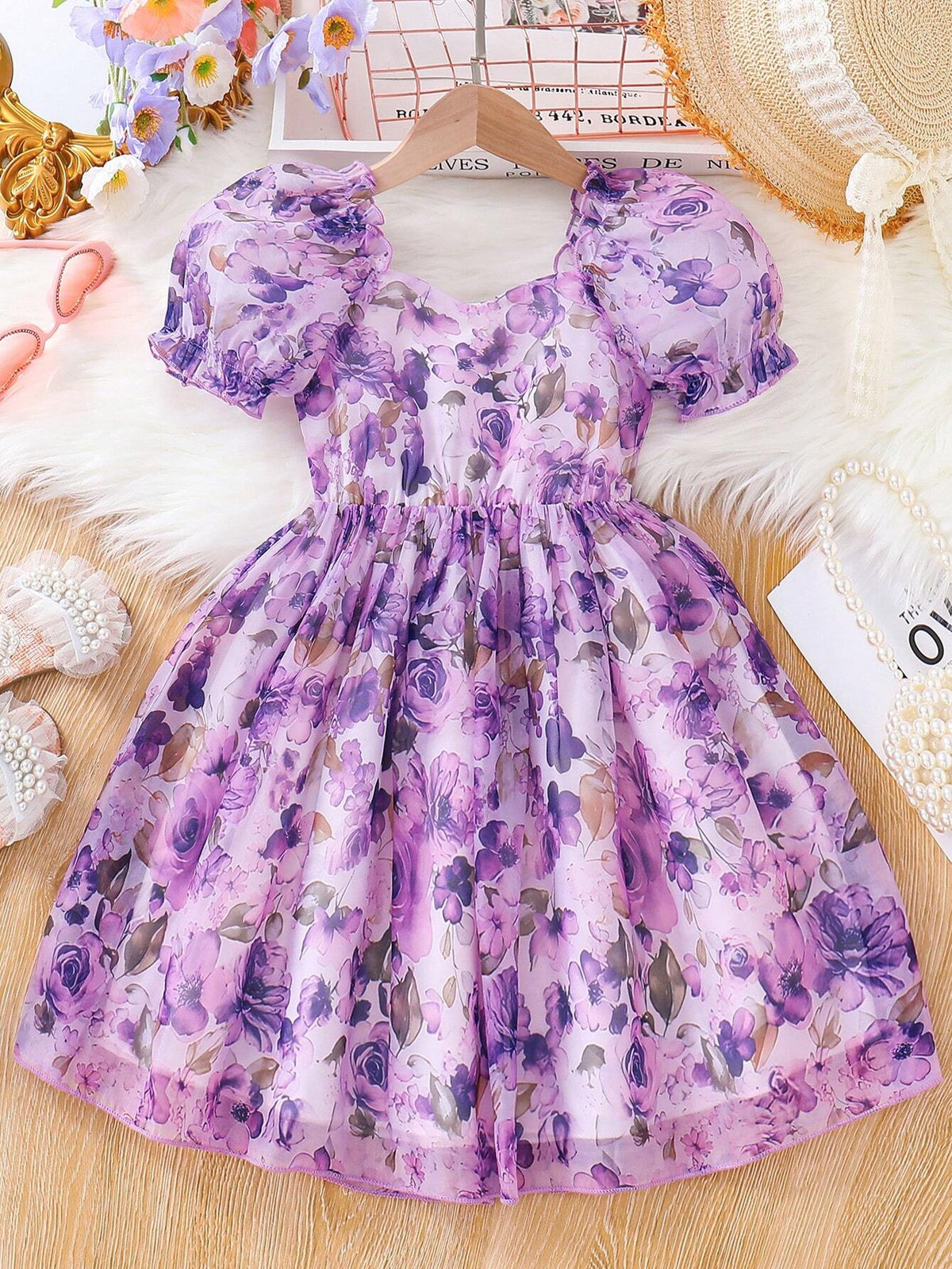 Girls' Summer Romantic Flower Print Dress, Purple Floral Princess Dress With Puff Sleeves