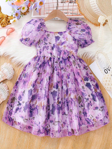 Girls' Summer Romantic Flower Print Dress, Purple Floral Princess Dress With Puff Sleeves