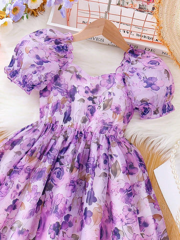 Girls' Summer Romantic Flower Print Dress, Purple Floral Princess Dress With Puff Sleeves