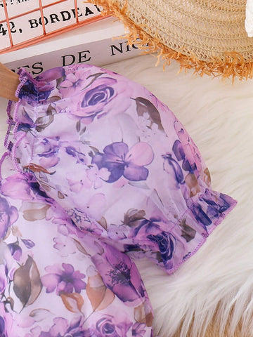 Girls' Summer Romantic Flower Print Dress, Purple Floral Princess Dress With Puff Sleeves