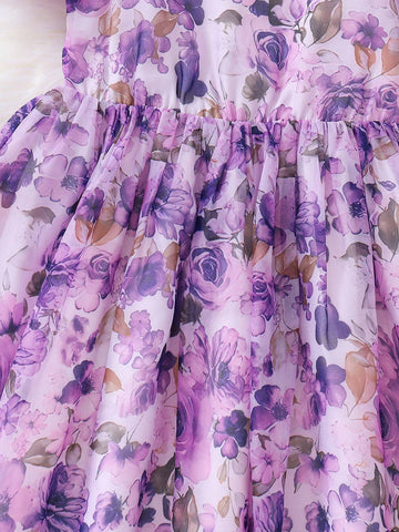 Girls' Summer Romantic Flower Print Dress, Purple Floral Princess Dress With Puff Sleeves