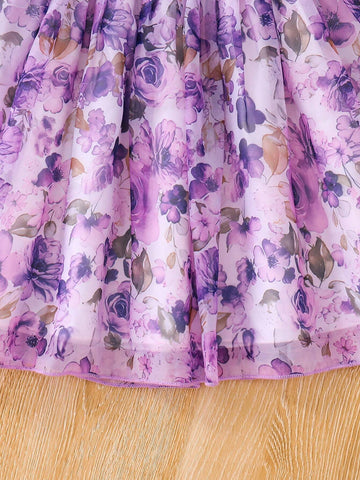 Girls' Summer Romantic Flower Print Dress, Purple Floral Princess Dress With Puff Sleeves