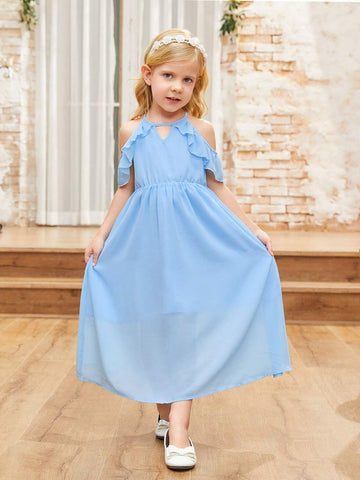 Young Girl's Summer Round Neck Hollow Out Off Shoulder Ruffle Sleeve Dress