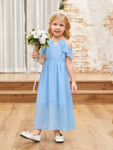 Young Girl's Summer Round Neck Hollow Out Off Shoulder Ruffle Sleeve Dress
