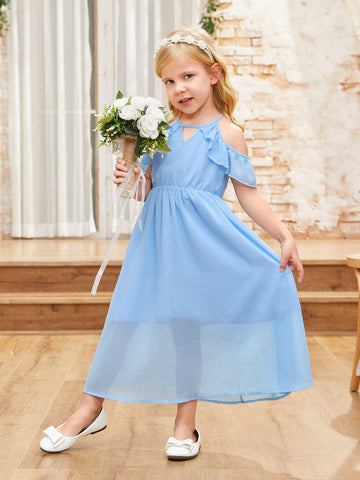 Young Girl's Summer Round Neck Hollow Out Off Shoulder Ruffle Sleeve Dress