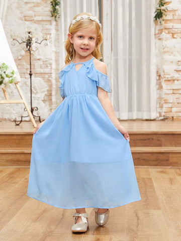 Young Girl's Summer Round Neck Hollow Out Off Shoulder Ruffle Sleeve Dress