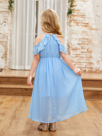 Young Girl's Summer Round Neck Hollow Out Off Shoulder Ruffle Sleeve Dress
