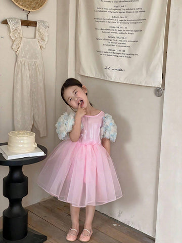 Young Girls Summer Round Neck Princess Dress With 3D Flower Decor And Tulle Patchwork Short Puff Sleeves