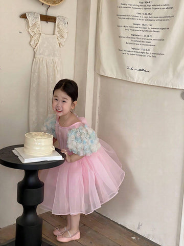 Young Girls Summer Round Neck Princess Dress With 3D Flower Decor And Tulle Patchwork Short Puff Sleeves