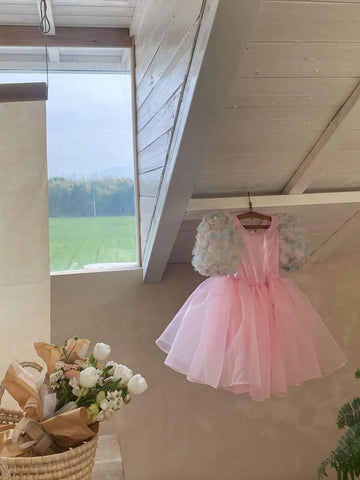 Young Girls Summer Round Neck Princess Dress With 3D Flower Decor And Tulle Patchwork Short Puff Sleeves